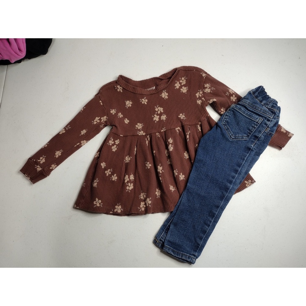 Garanimals Easy-Peasy Toddler Girls 2T Brown‎ Floral Peplum Top & Blue Jeans Set